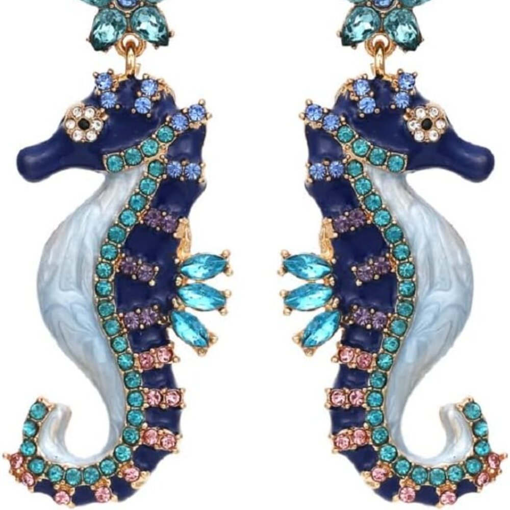 Elegant Blue and Gold Seahorse Earrings